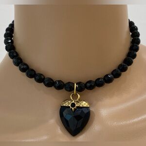Pretty Black-Beaded Goldtone Heart Choker Necklace